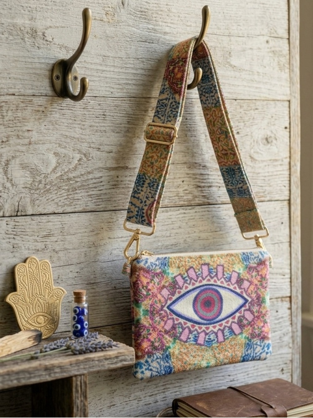 Karma Highway multicolor eye-print canvas crossbody bag